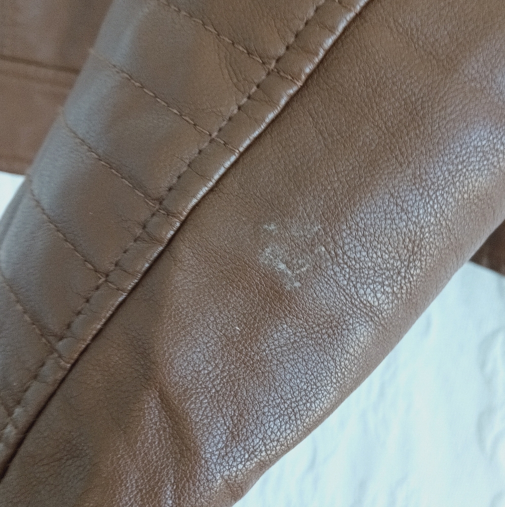 A.nd Tan Leather Moto Jacket Brown Cropped Biker Classic Heavy Cool Zippers Larg - Picture 9 of 10